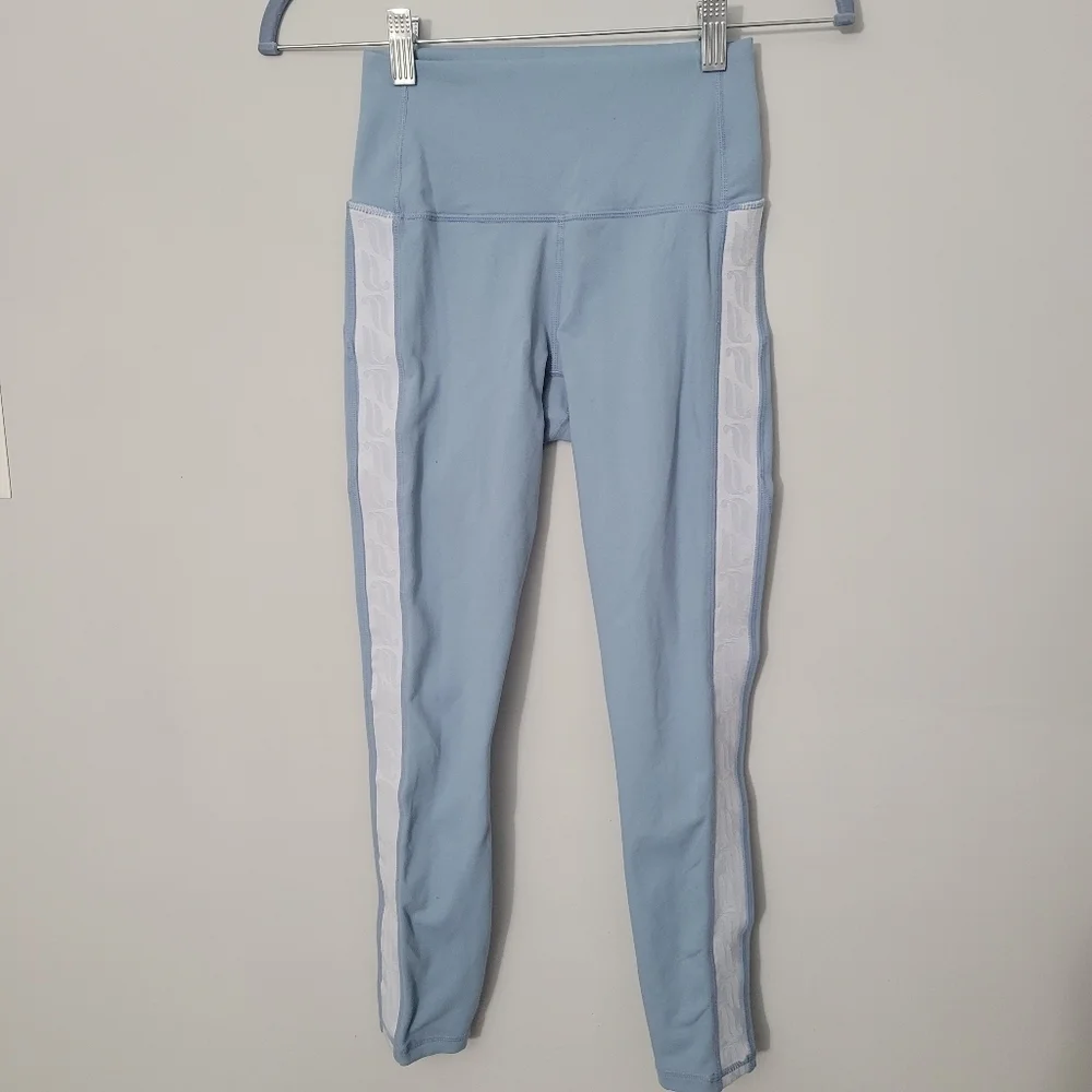 Fabletics Powerhold Baby Blue Logo Stripe Athletic Leggings